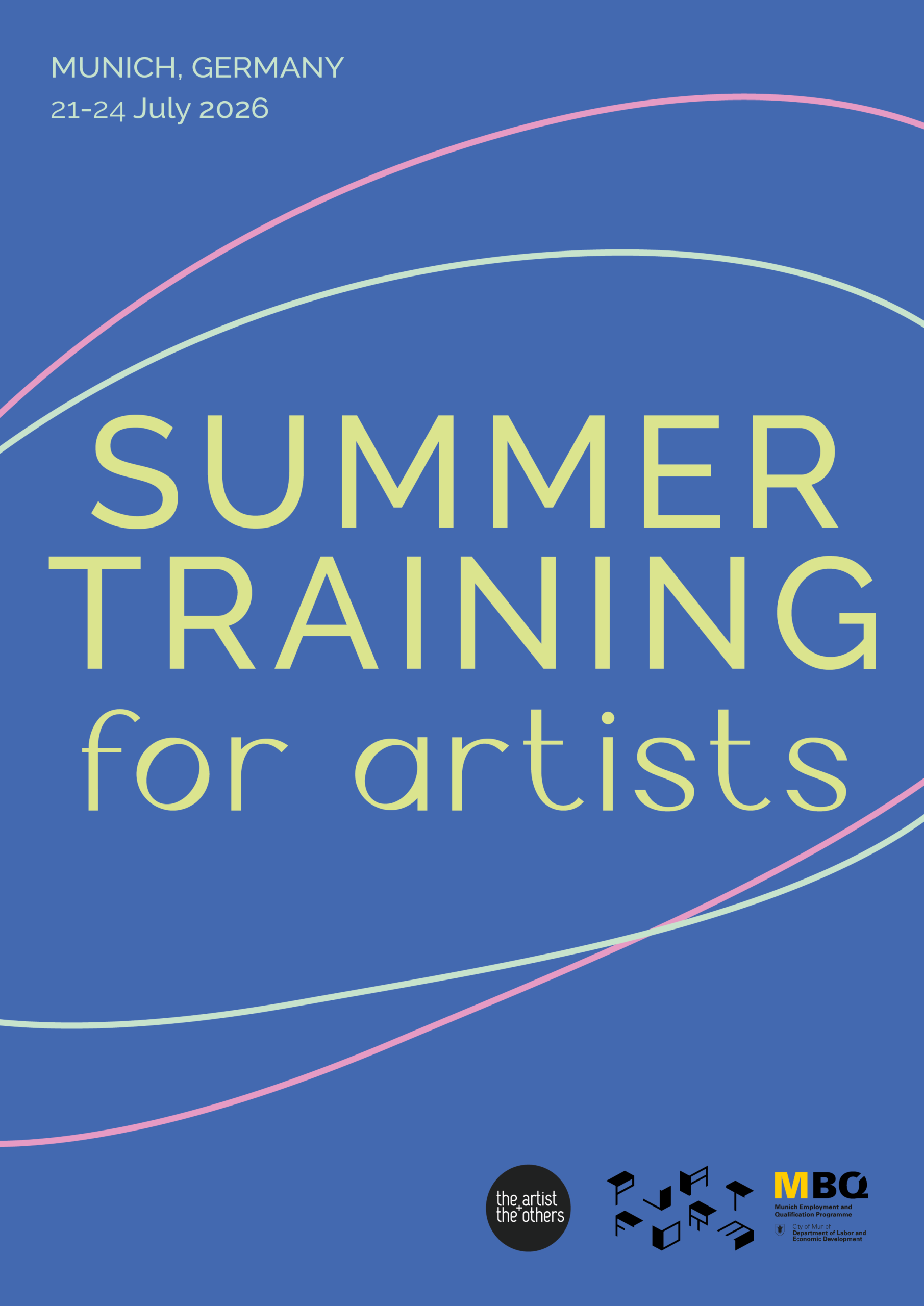 Poster in portrait format. Blue background. In lime green lettering: ‘Summer Training for Artists’.